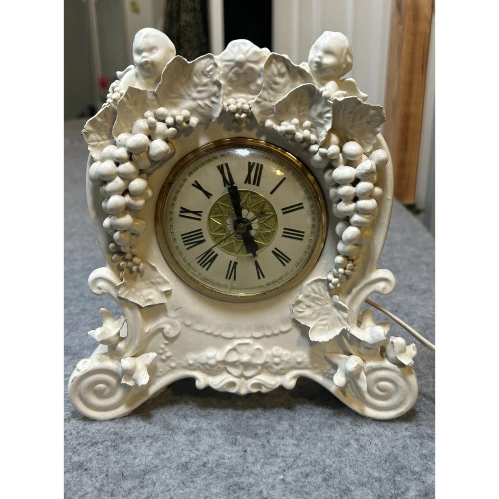 Vintage Lanshire Porcelain Footed Mantle Clock Cherubs Grapes birds Ornate
